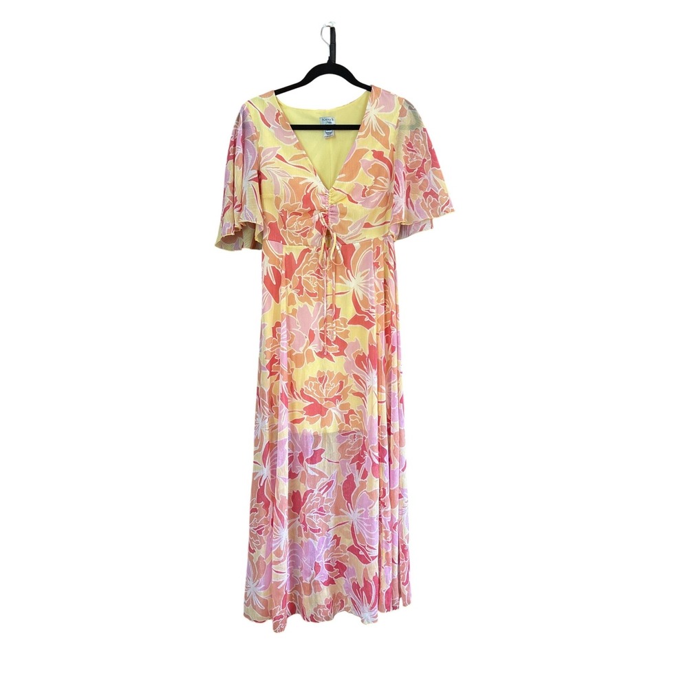 Alexa B Nites Maxi Dress Women Yellow Pink Floral Flutter Sleeve Boho SIZE 6‎
